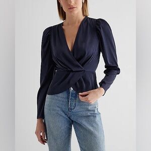 Express Satin Puff Shoulder Draped Faux Wrap Peplum Top